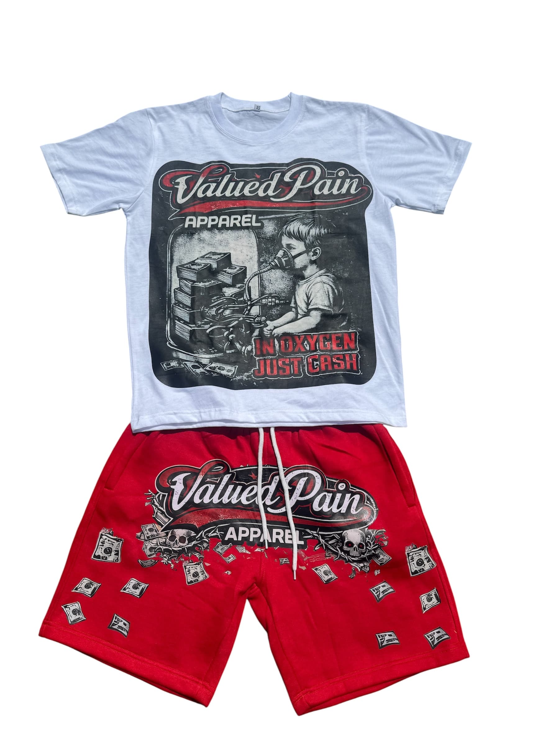 White and red Oxygen set — tee and shorts flat lay