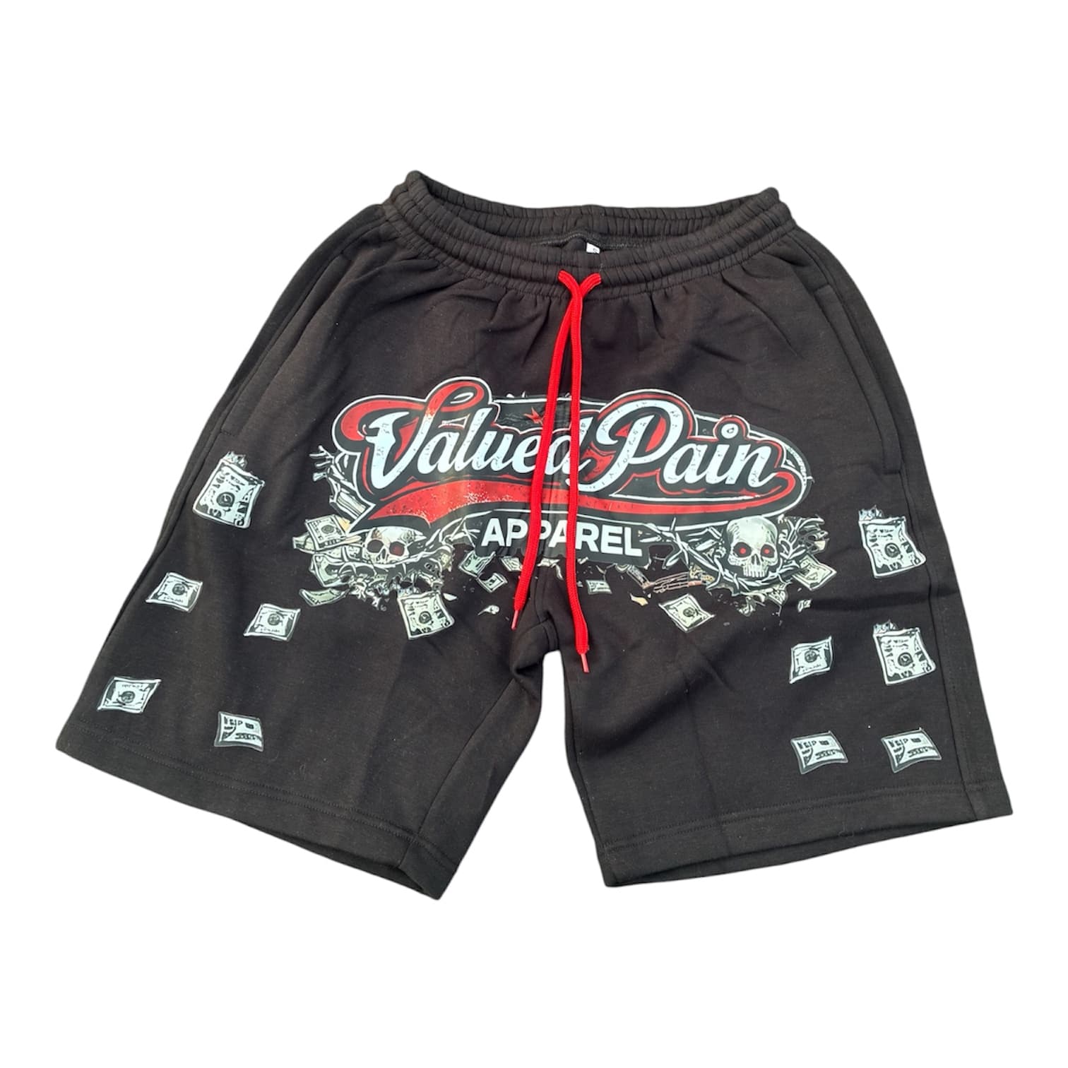 VP Script shorts in black with red drawstring — front flat