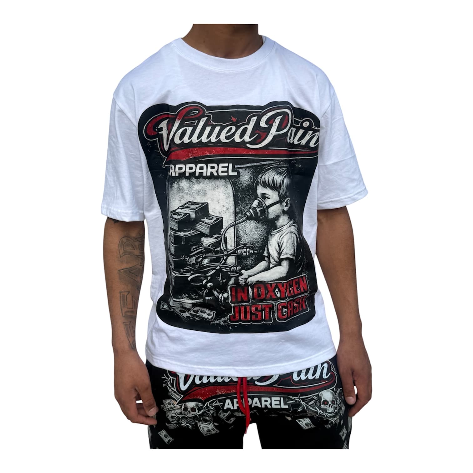 In Oxygen Just Cash tee in white — worn, front